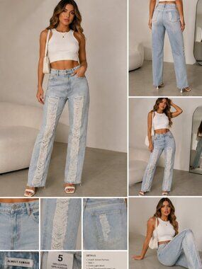 Almost Famous Light Wash Distressed Jeans Size 5 Straight Leg Cotton No Stretch